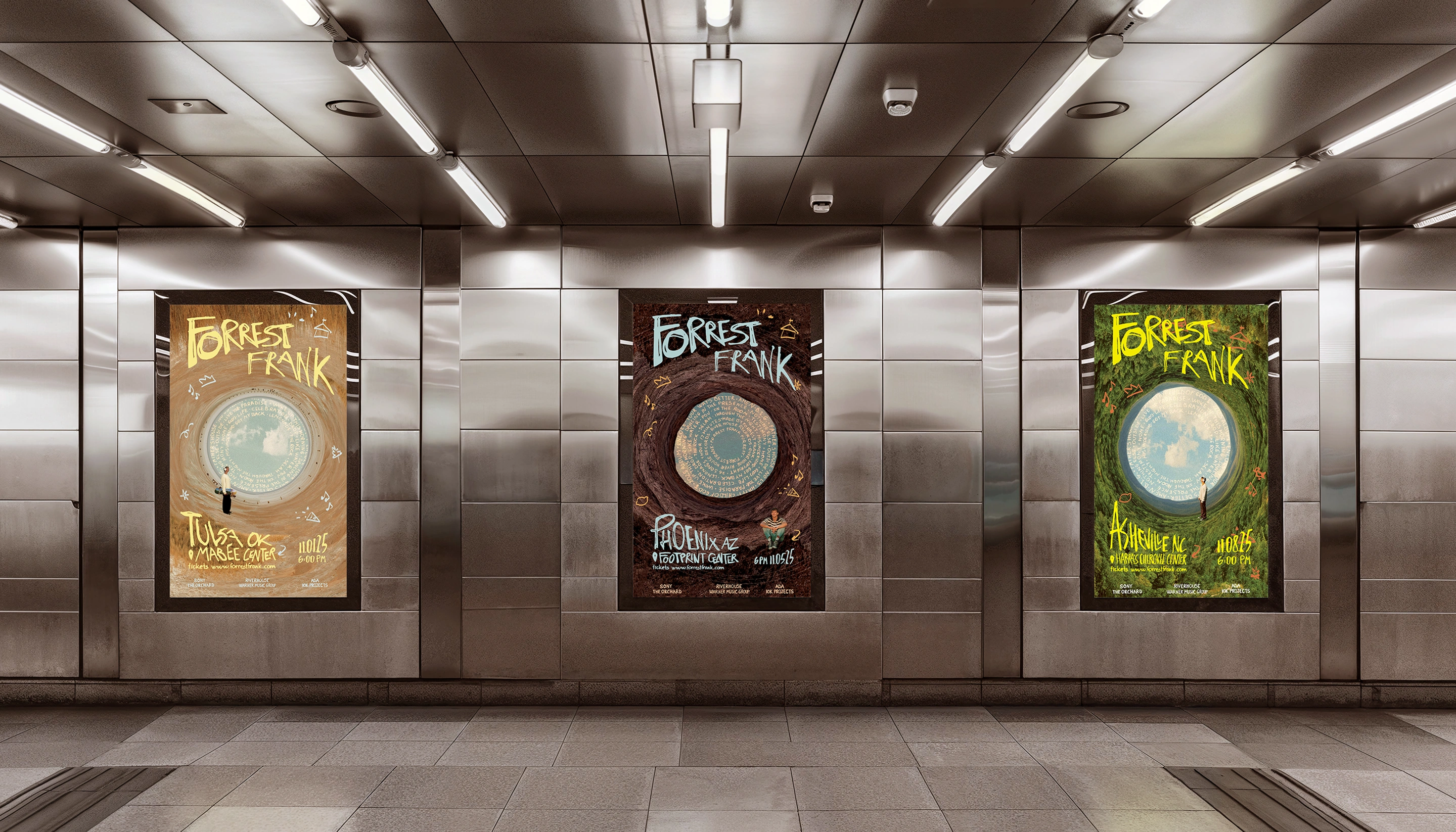 Three tour posters displayed together in a station
