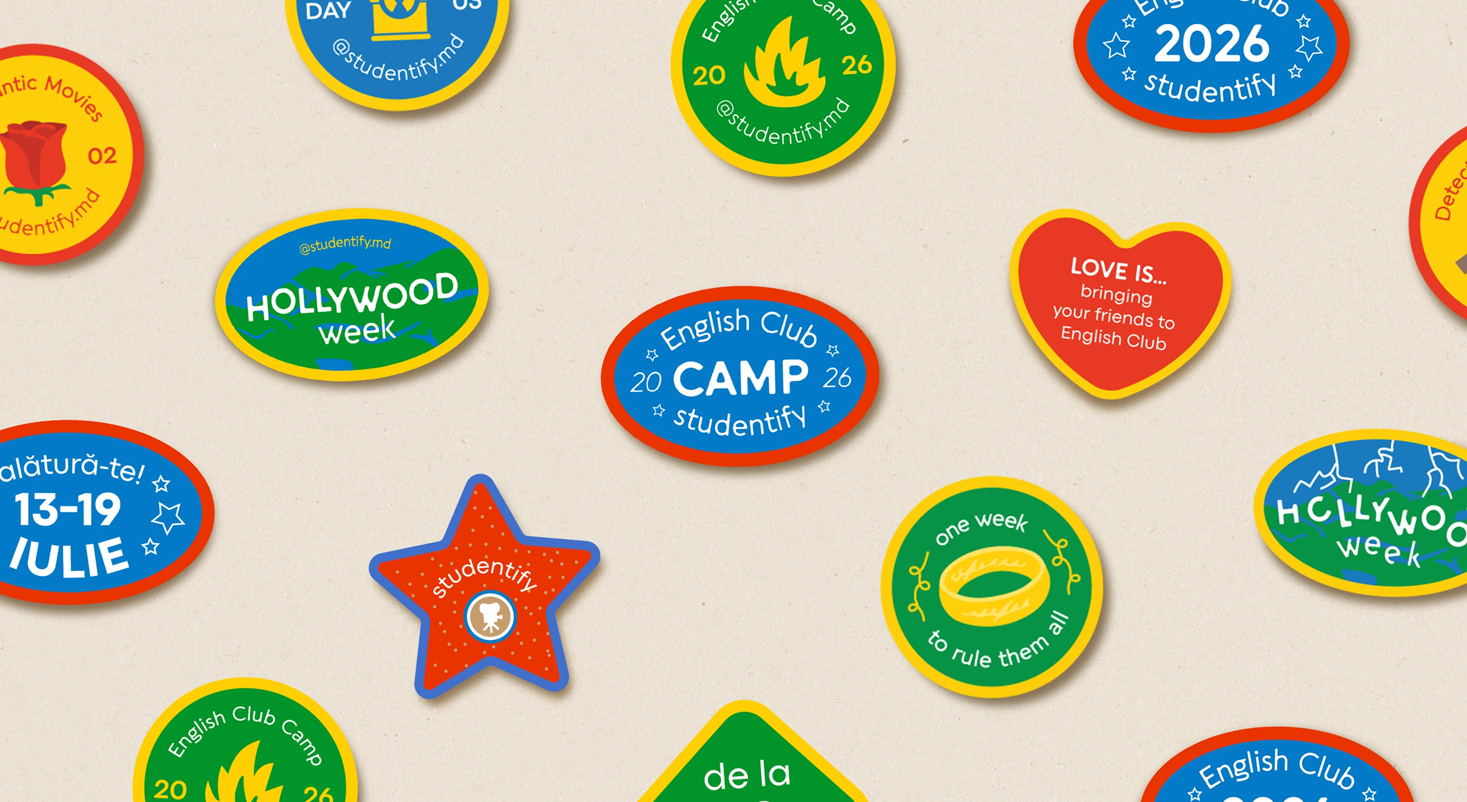 The complete colorful English Club sticker and badge system
