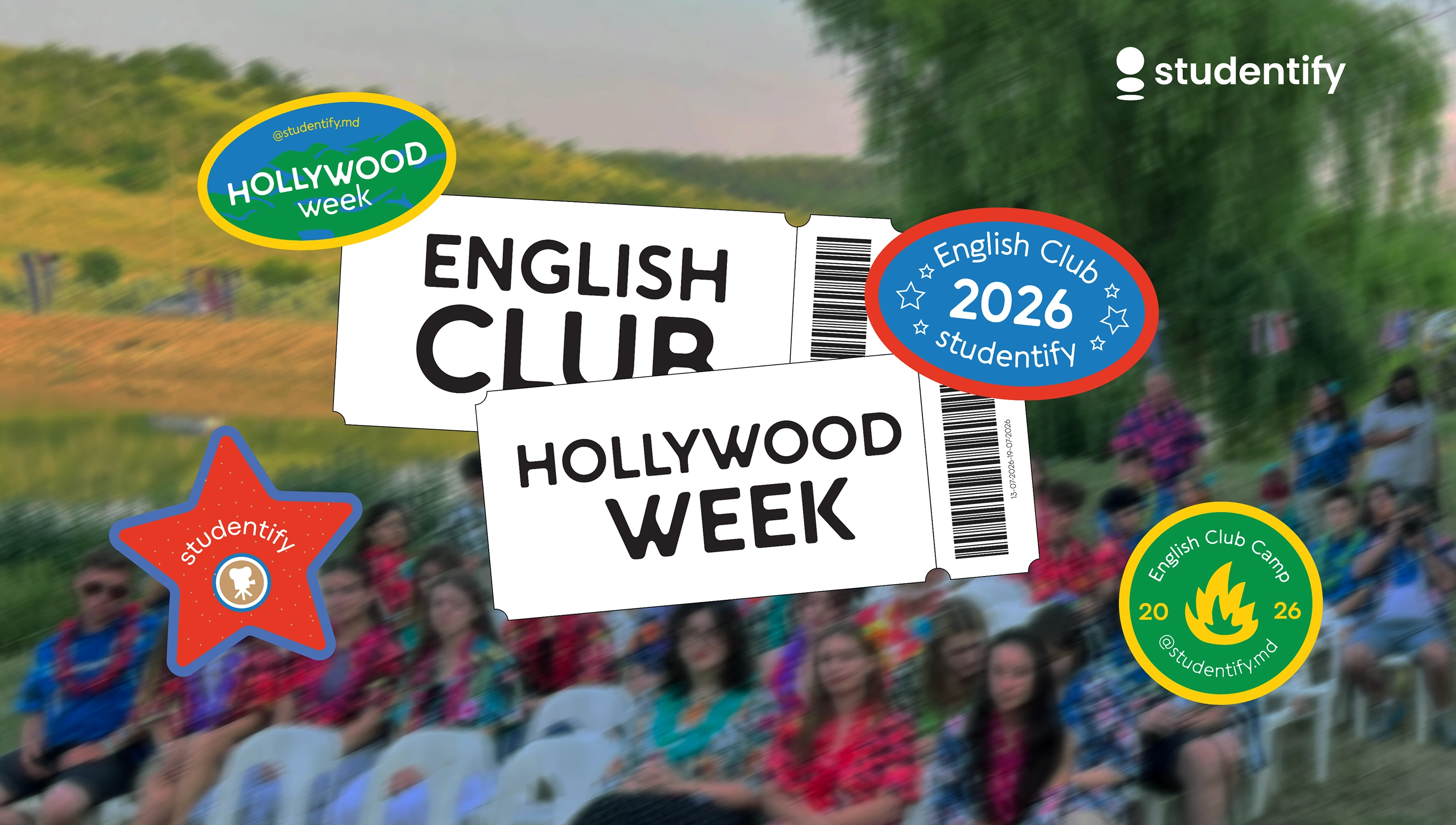 English Club Hollywood Week identity, with movie tickets and colorful badges over an event photograph