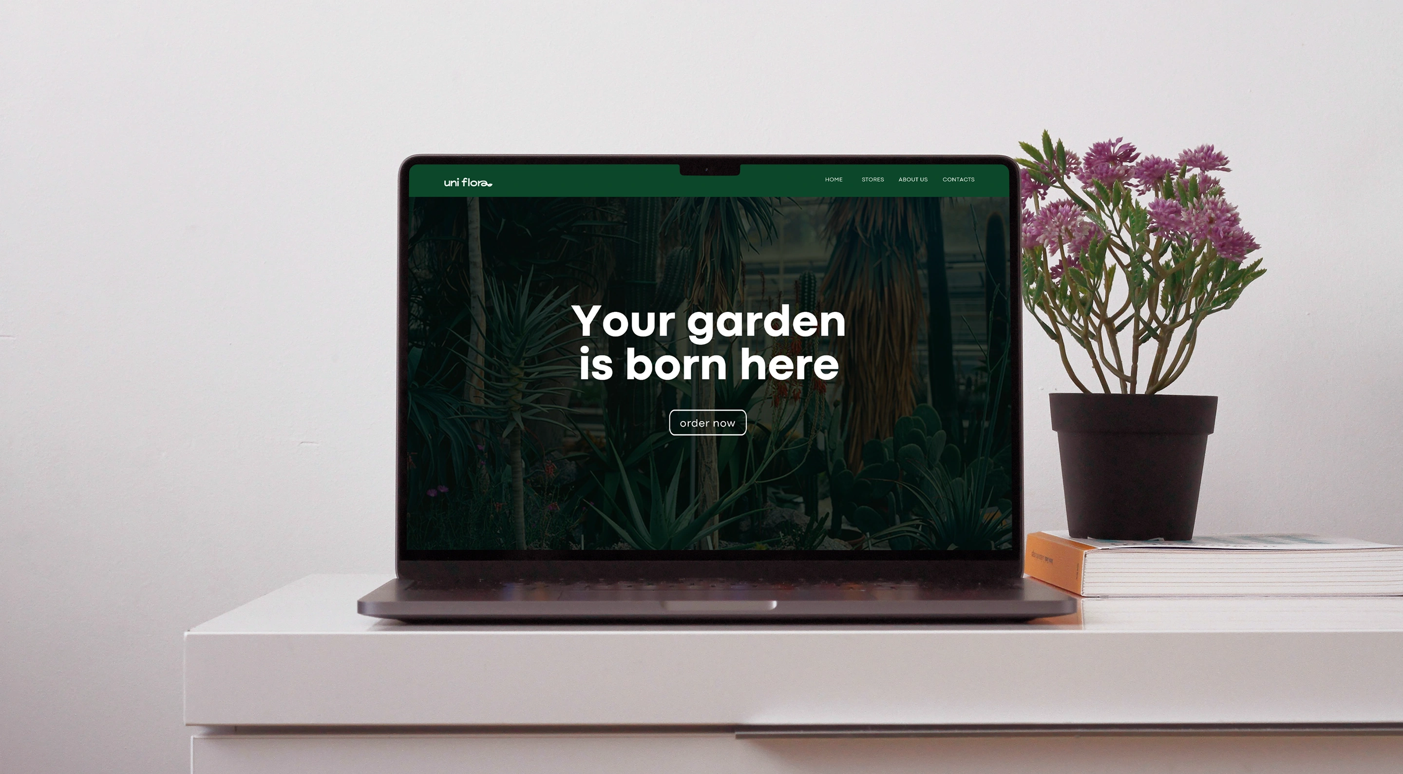 Uniflora website concept on a laptop beside a flowering plant