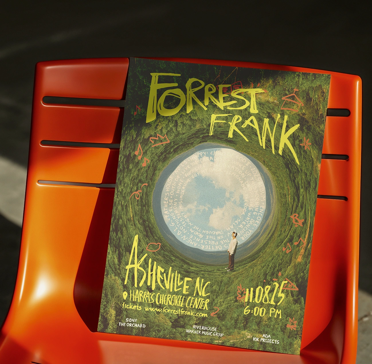 Forrest Frank — illustrated concert poster on an orange seat