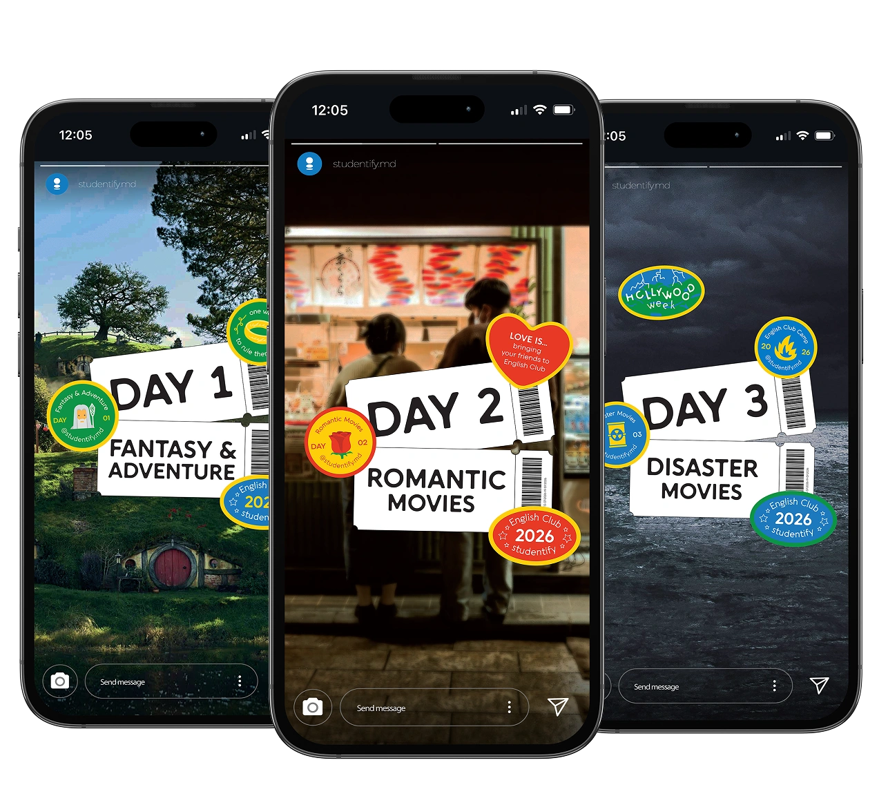 Three phone mockups showing the Day 1, Day 2, and Day 3 social media designs
