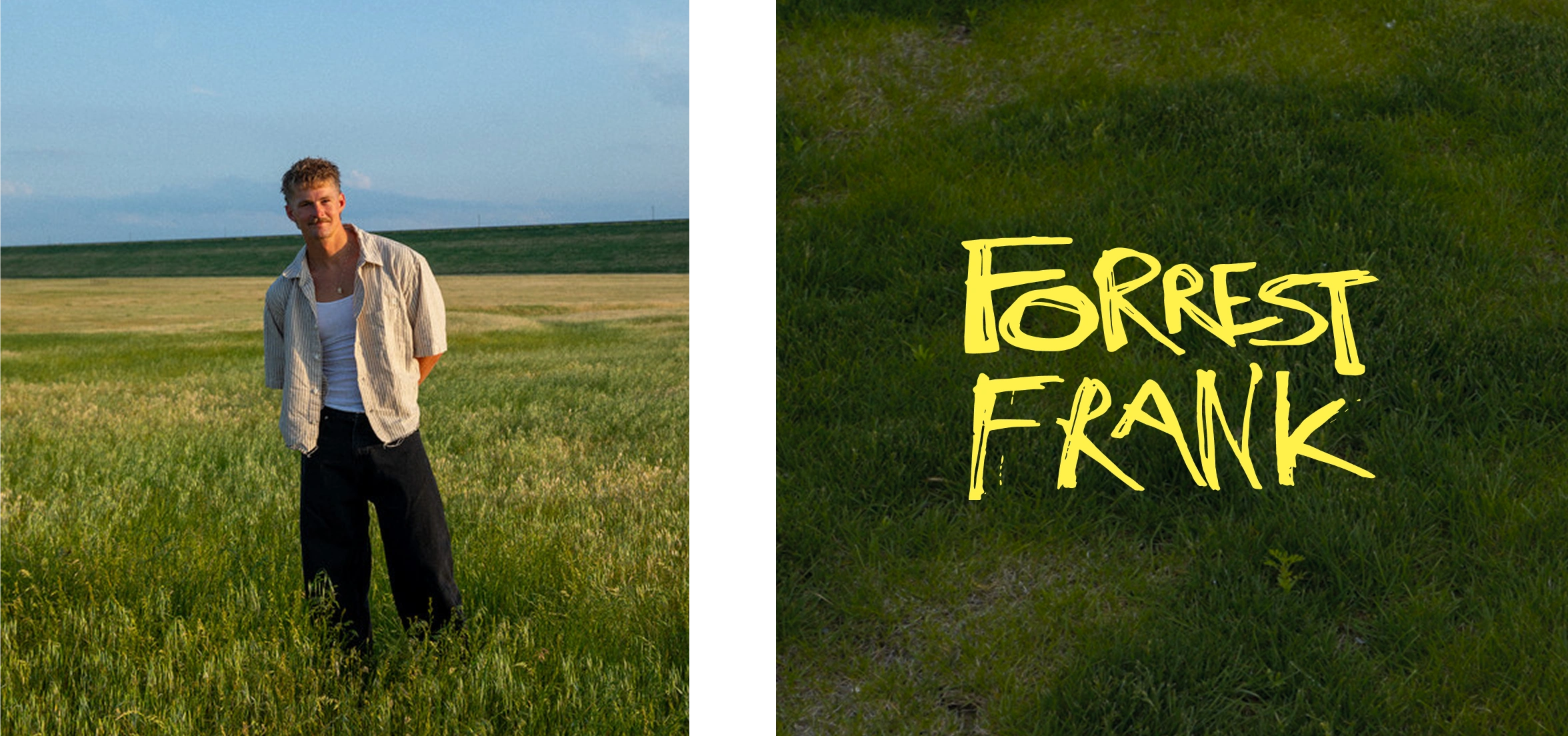 Forrest Frank in a meadow beside his hand-drawn yellow name on grass