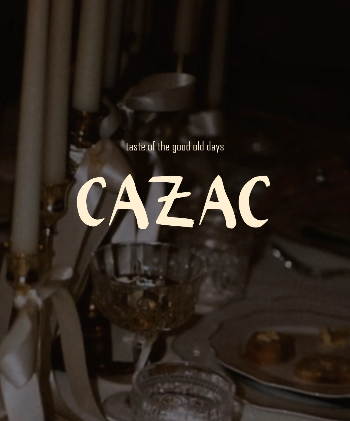 Cazac brand artwork over a nostalgic dinner scene