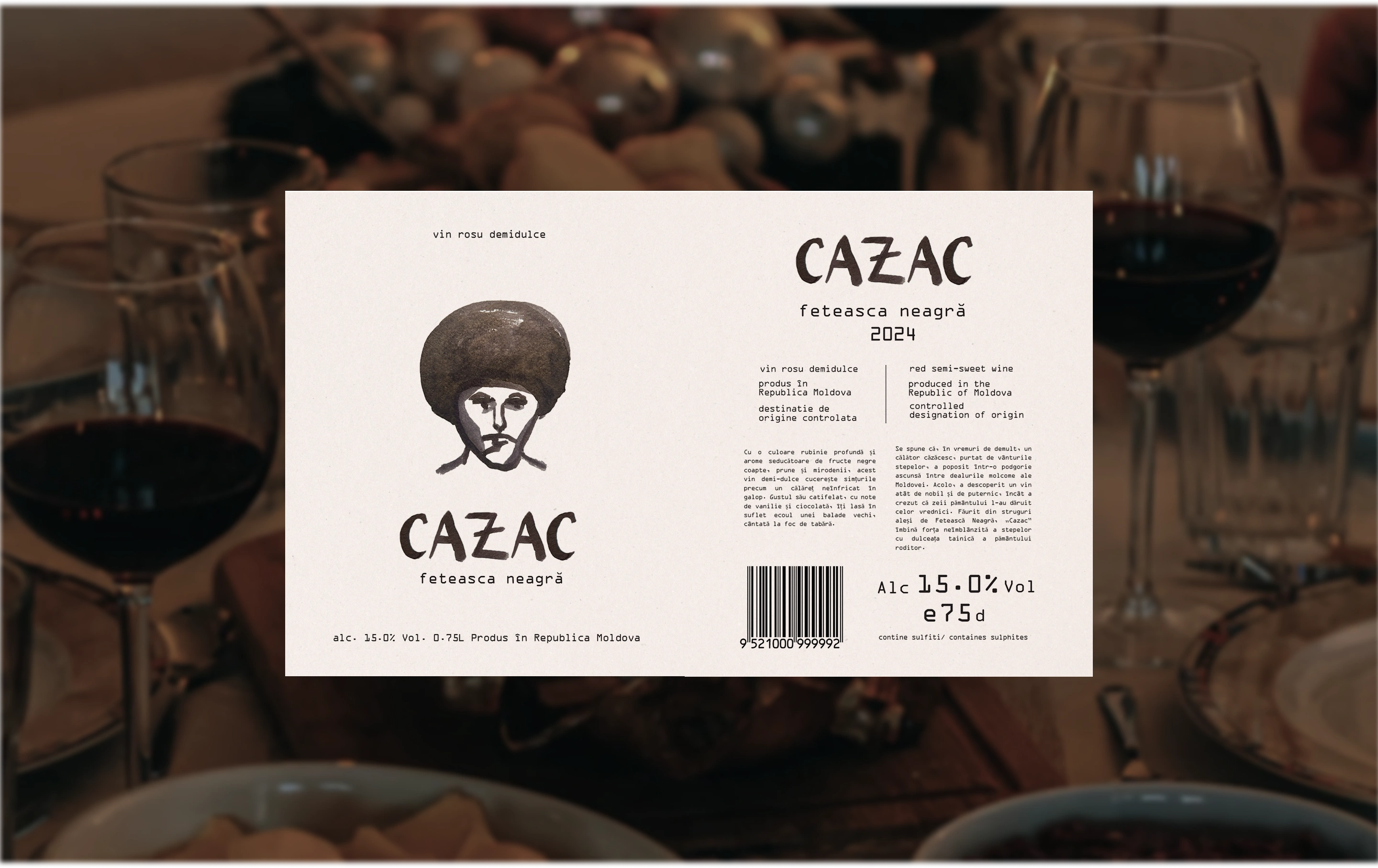 The complete Cazac wine label displayed over the dinner-table photograph