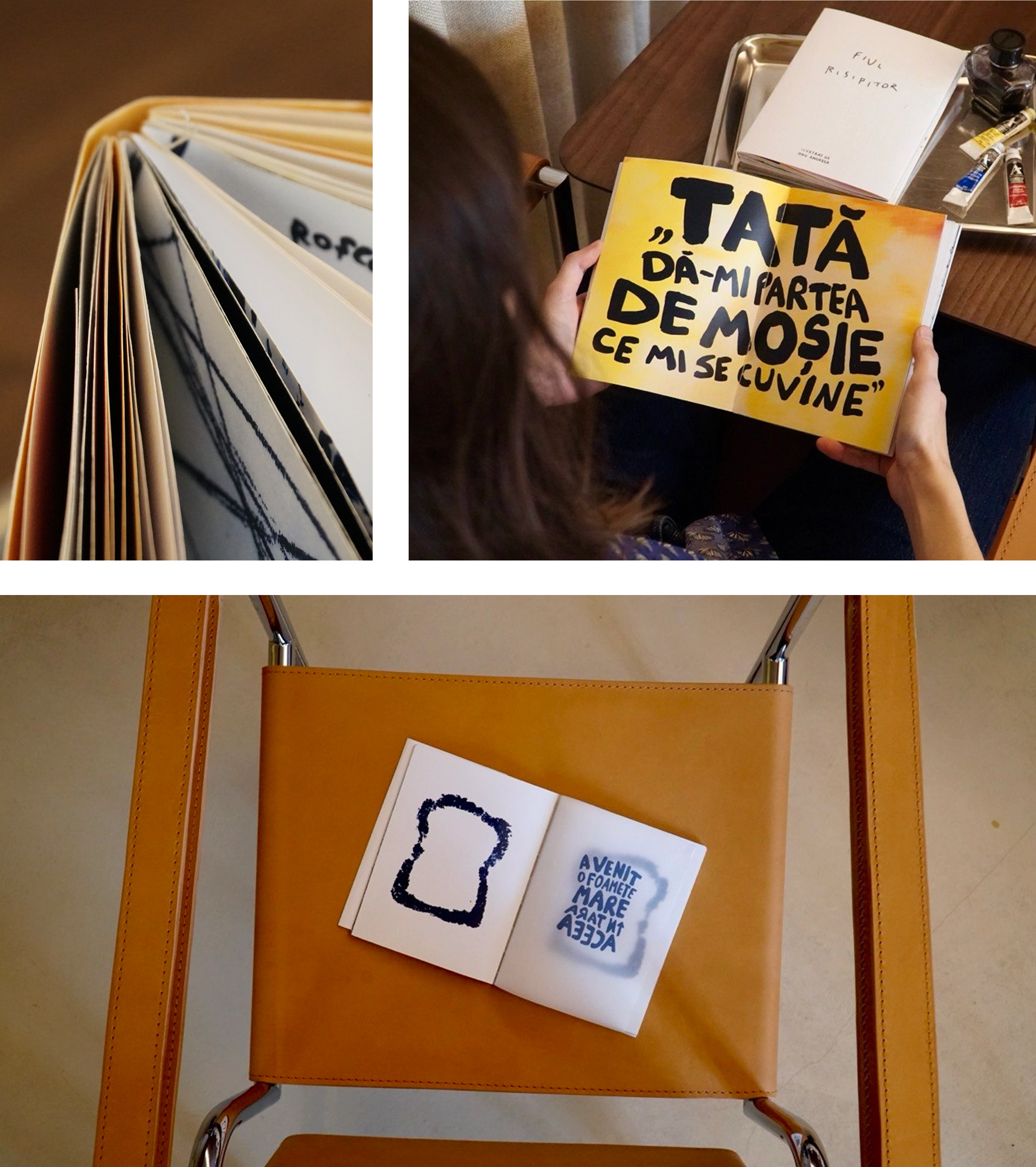 Close-up of the book’s pages, a reader holding a yellow spread, and an open book on a mustard chair
