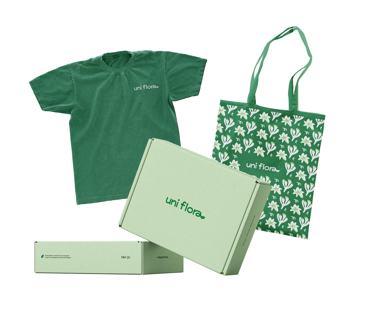 Uniflora T-shirt, patterned tote bag, and gardening kit packaging