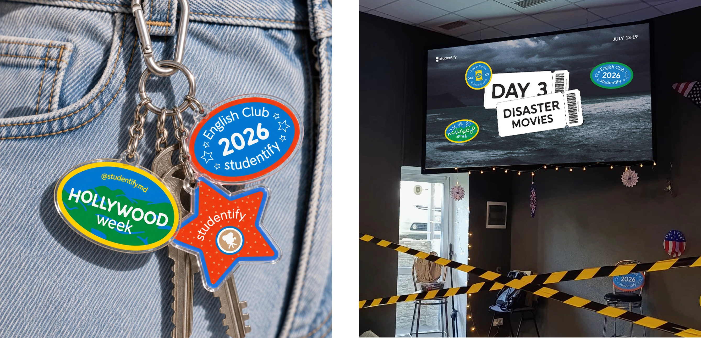 English Club keychains on jeans alongside a Day 3 event-screen application