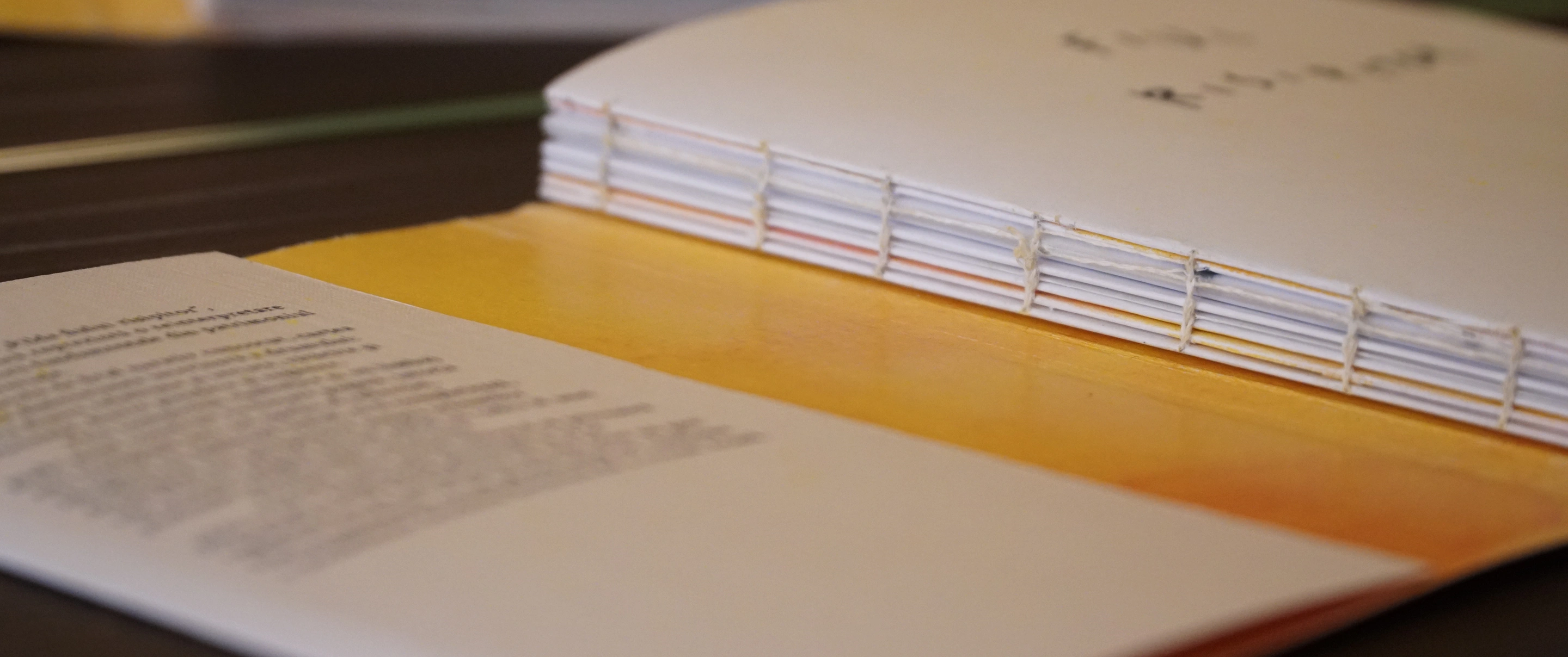 Close-up of the open-spine stitch binding