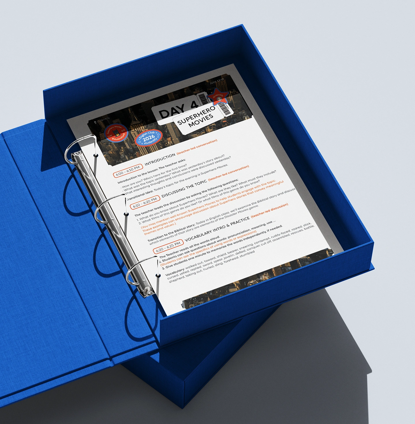 Blue box containing the branded English Club lesson materials