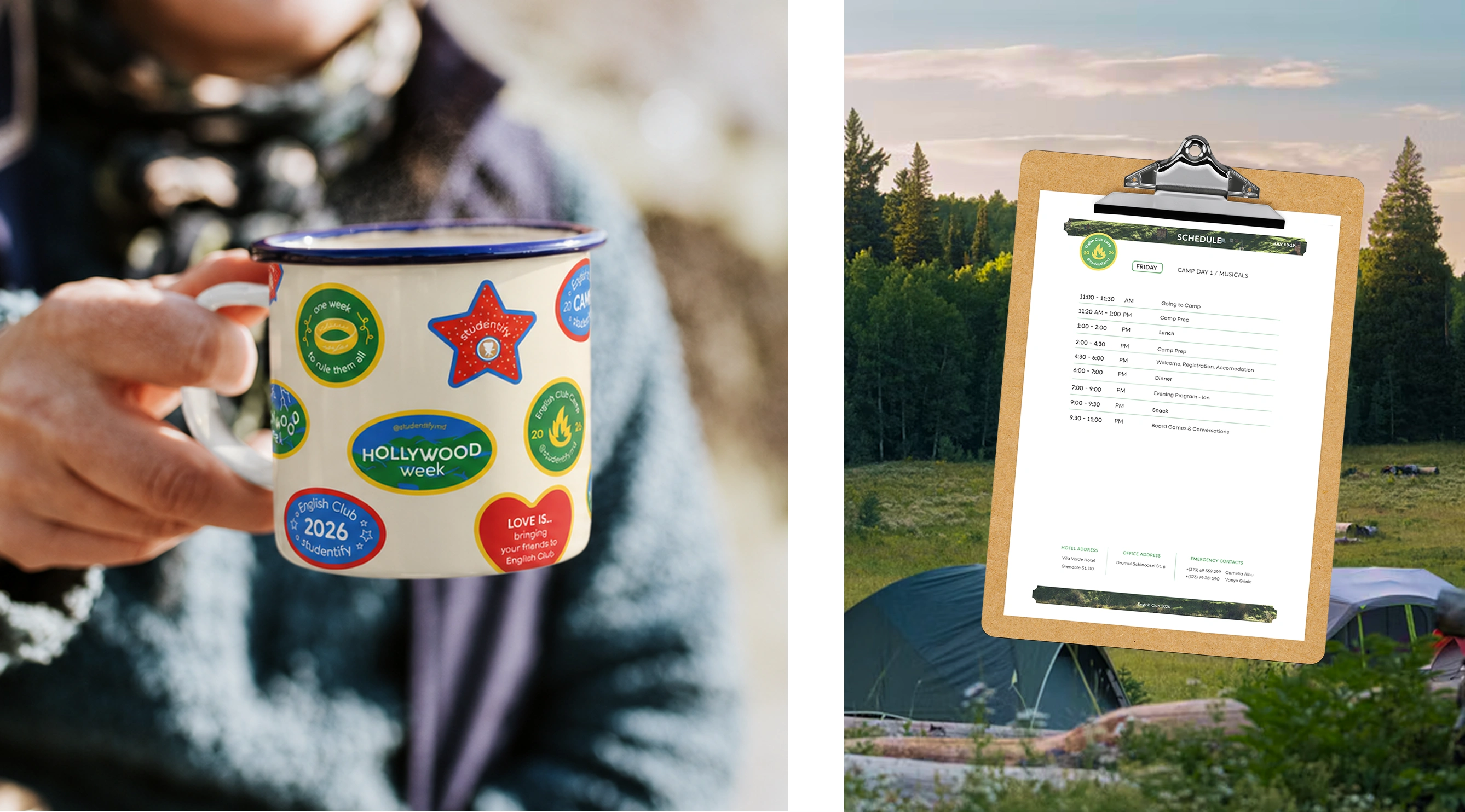 A mug covered in English Club stickers beside a clipboard with the camp schedule