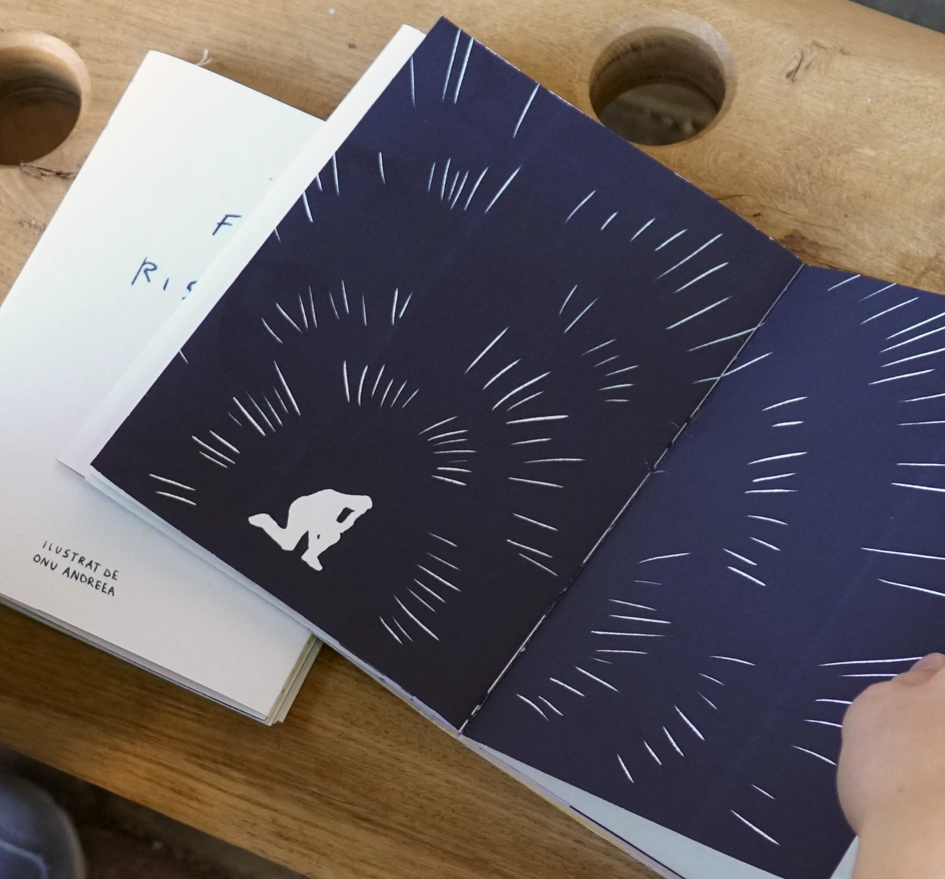 The book’s blue painted cover and illustrated pages
